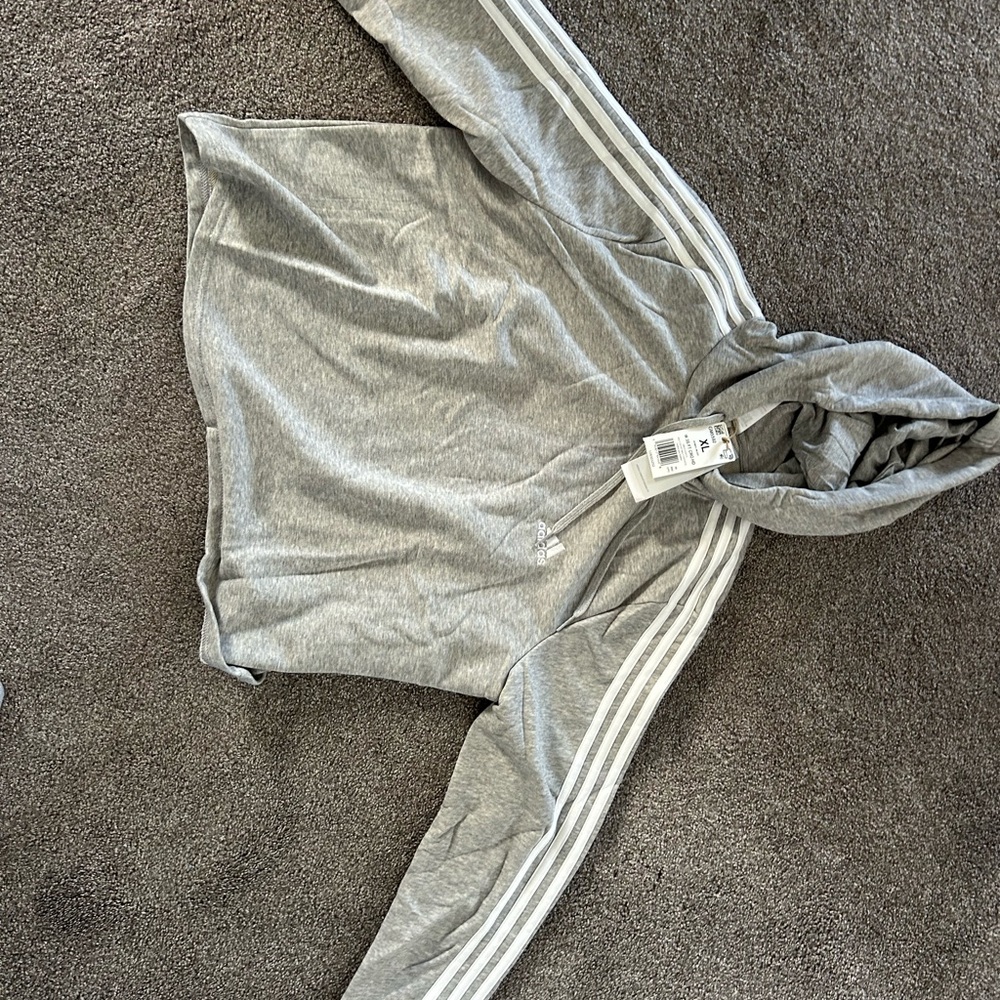 NWT adidas Heather Gray Hooded Sweatshirt with White Three Stripes